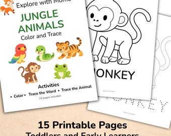 Jungle Animals Coloring and Tracing Pages for Toddlers, Printable Preschool and Homeschool Activity