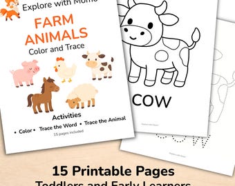 Farm Animals Coloring and Tracing Pages for Toddlers, Printable Preschool and Homeschool Activity