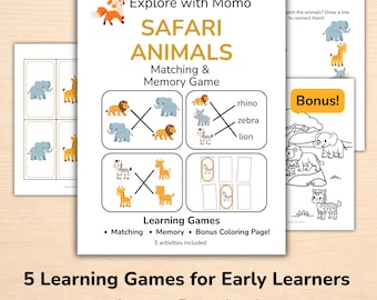 Safari Animals Matching Activities & Game, Preschool Learning Activities (Digital Download)