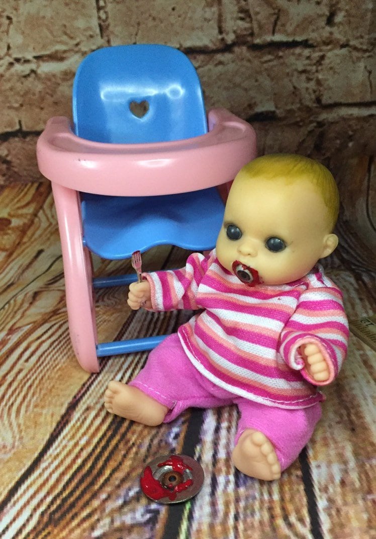 Mini Black Eyed Evil Cannibal Doll Set With High Chair And Plate Of