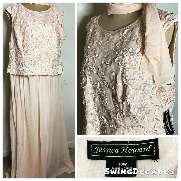 Peach Chiffon Jessica Howard Evening Formal Dress & Scarf Plus Size  16W Never Worn Excellent Vintage Condition NWT