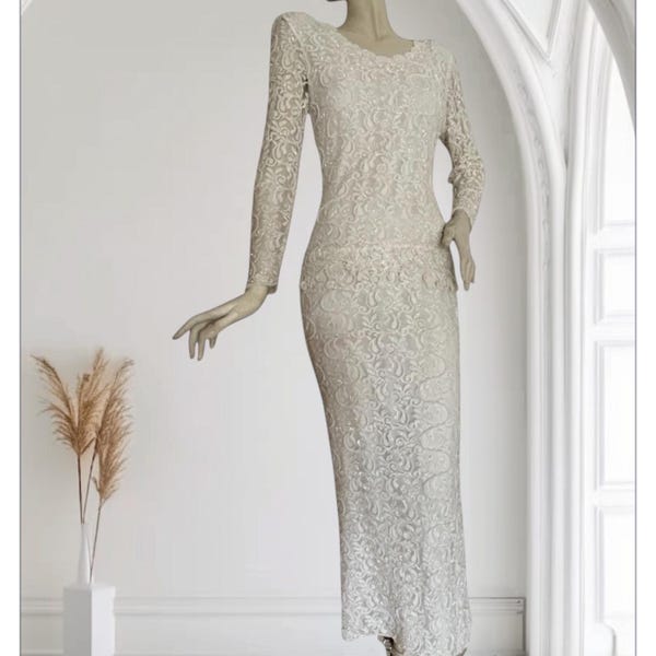 White Beaded Gown with Slight Pink Background by Designer Laurence Kazar New York in Size S