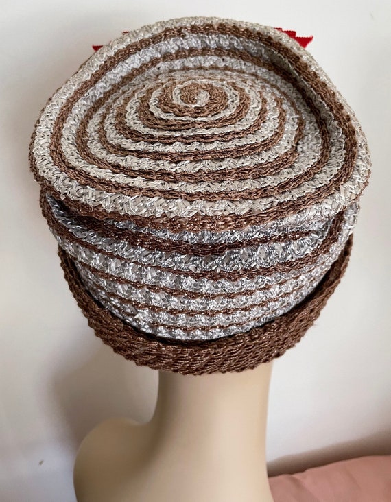 Mid Century Brown Gray Straw Cocktail Hat with Re… - image 6
