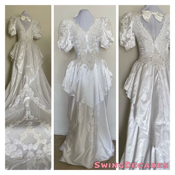 Elegant 80s Form Fitting Satin Wedding Gown with … - image 9