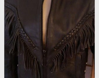 Black Fringed Biker Leather Jacket from Maryland Leather Great Vintage Condition