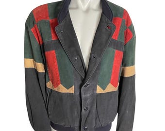 80s Colorful Vintage Soft Leather Jacket College Style, Zip Front Pockets In & Out by Rupp in Size 52 Extra Large