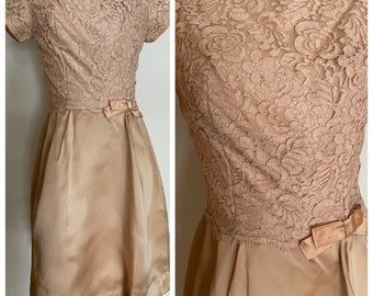 Mrs M Style Satin and Lace 50s Party Dress in Gold, Excellent Vintage Condition  in Small Size