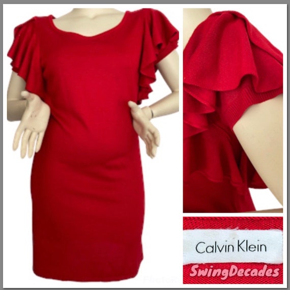 Bright Red Knit Dress by Designer Calvin Klein wi… - image 1