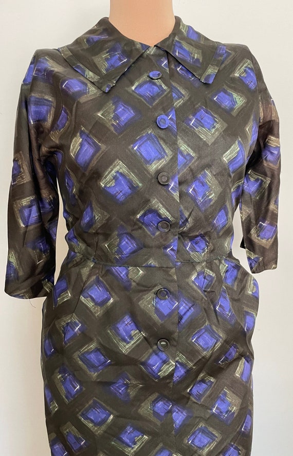 60s Handmade Satin Geo Print Dress with Pencil Sk… - image 7