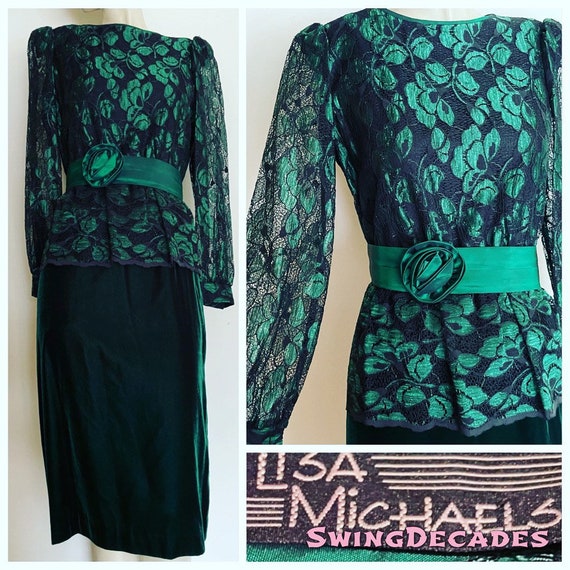 Great 80s Green Velvet with Lace Top Formal Prom … - image 1