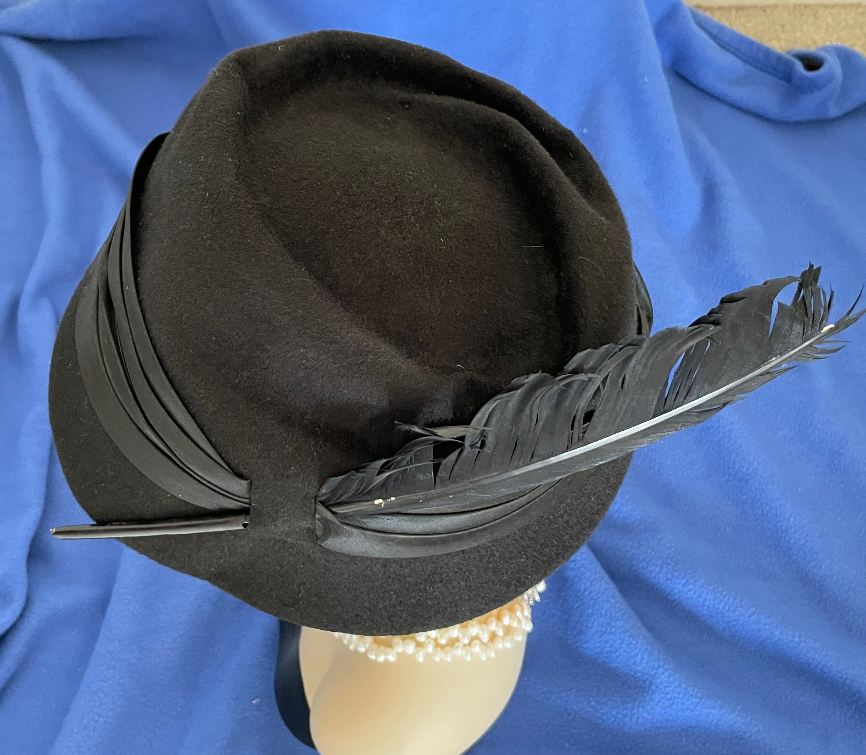 Stylish Black 40s Wool and Feather Hat by Glenover, Henry Pollak