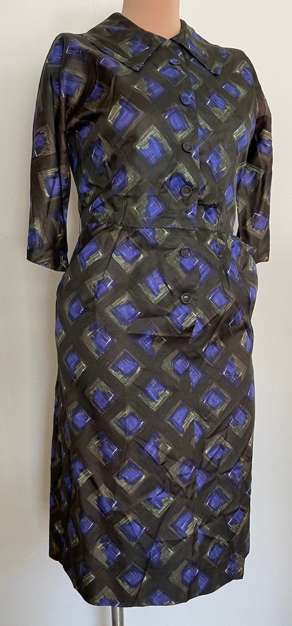 60s Handmade Satin Geo Print Dress with Pencil Sk… - image 2