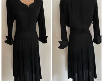 40s Sophistication Little Black Dress of the Day Side Zip Long Sleeve Dress with Satin Collar and Cuffs Medium Excellent Vintage Condition