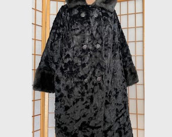 Elegant Faux Black Broadtail Lamb & Dark  Mink Long Coat Double Breasted Large Size Great Vintage Condition