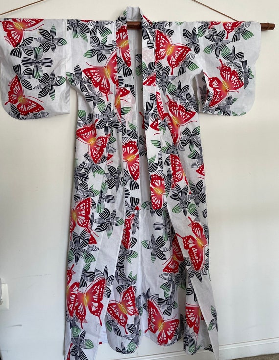Crisp Cotton Kimono Style Long Robe with Butterfl… - image 3