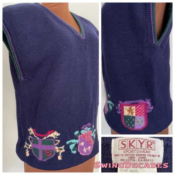 Vintage Sweater Vest in Blue with Coats Of Arms b… - image 1