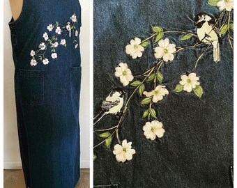 Beautifully Embroidered National Wildlife Foundation Denim Jumper with Big Pockets and Adjustable Straps in Plus Size Extra Large XL