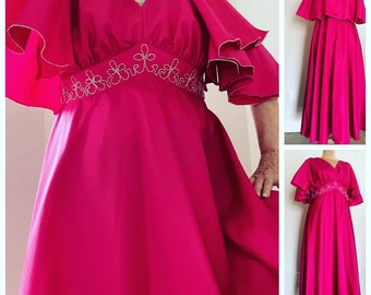 Mike Benet 70s Designer Maxi Dress with Angel Wing Sleeves in Hot Pink Taffeta  Plus Size in Excellent Vintage Condition