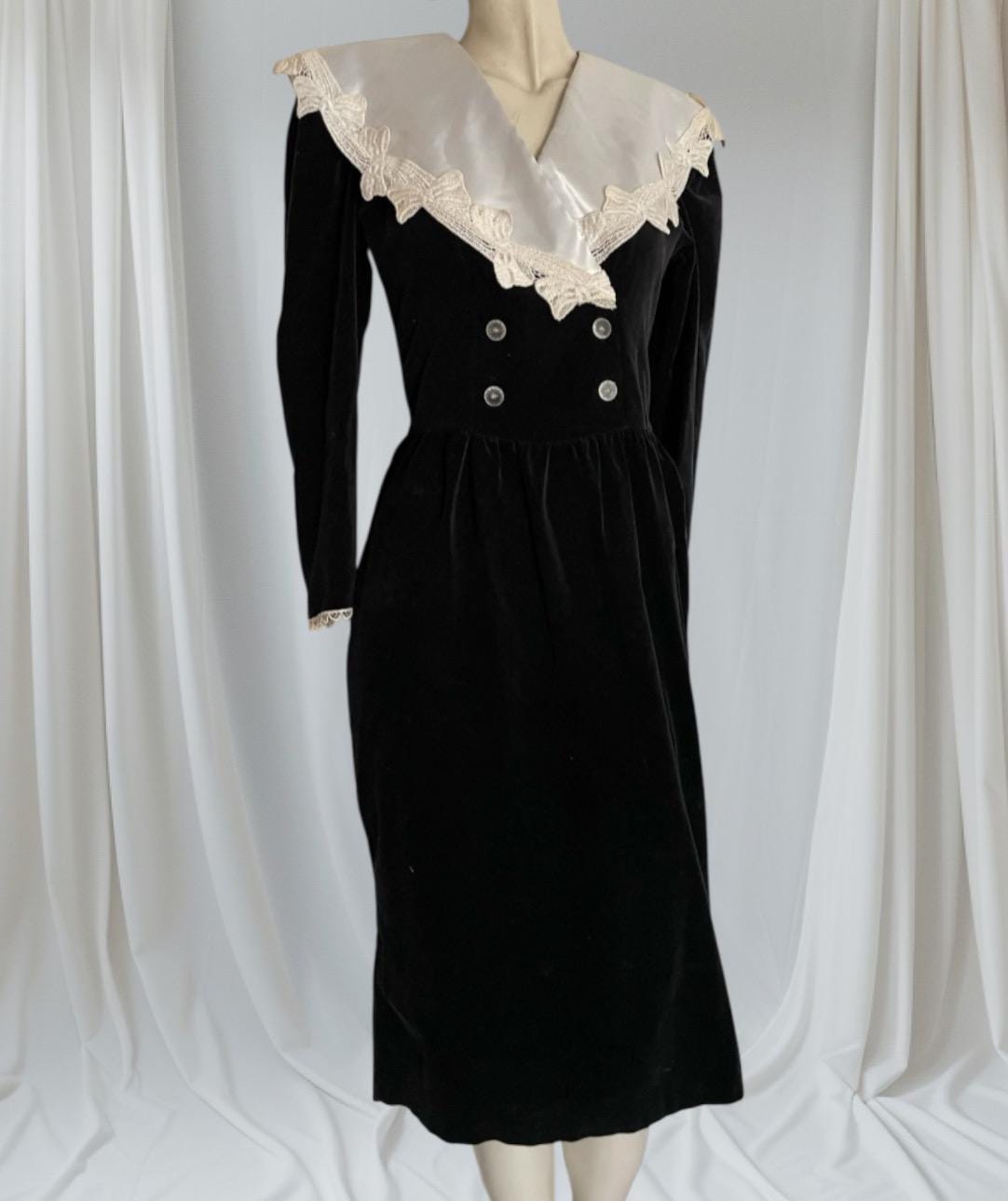 black velvet dress white collar Velvet Flare Dress with Jewelry Buttons, White Collar & Cuffs – STUDIO731