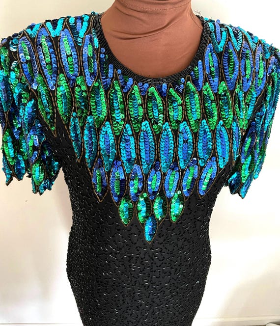 stenay beaded silk dress Vtg Stenay Beaded Silk Dress Sz 10 80's Black Peacock Back Cutout Lined  Short