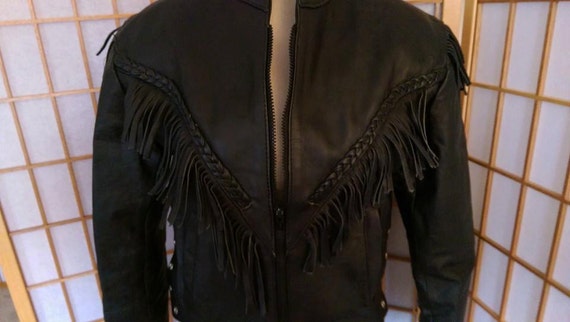 Black Fringed Biker Leather Jacket from Maryland L