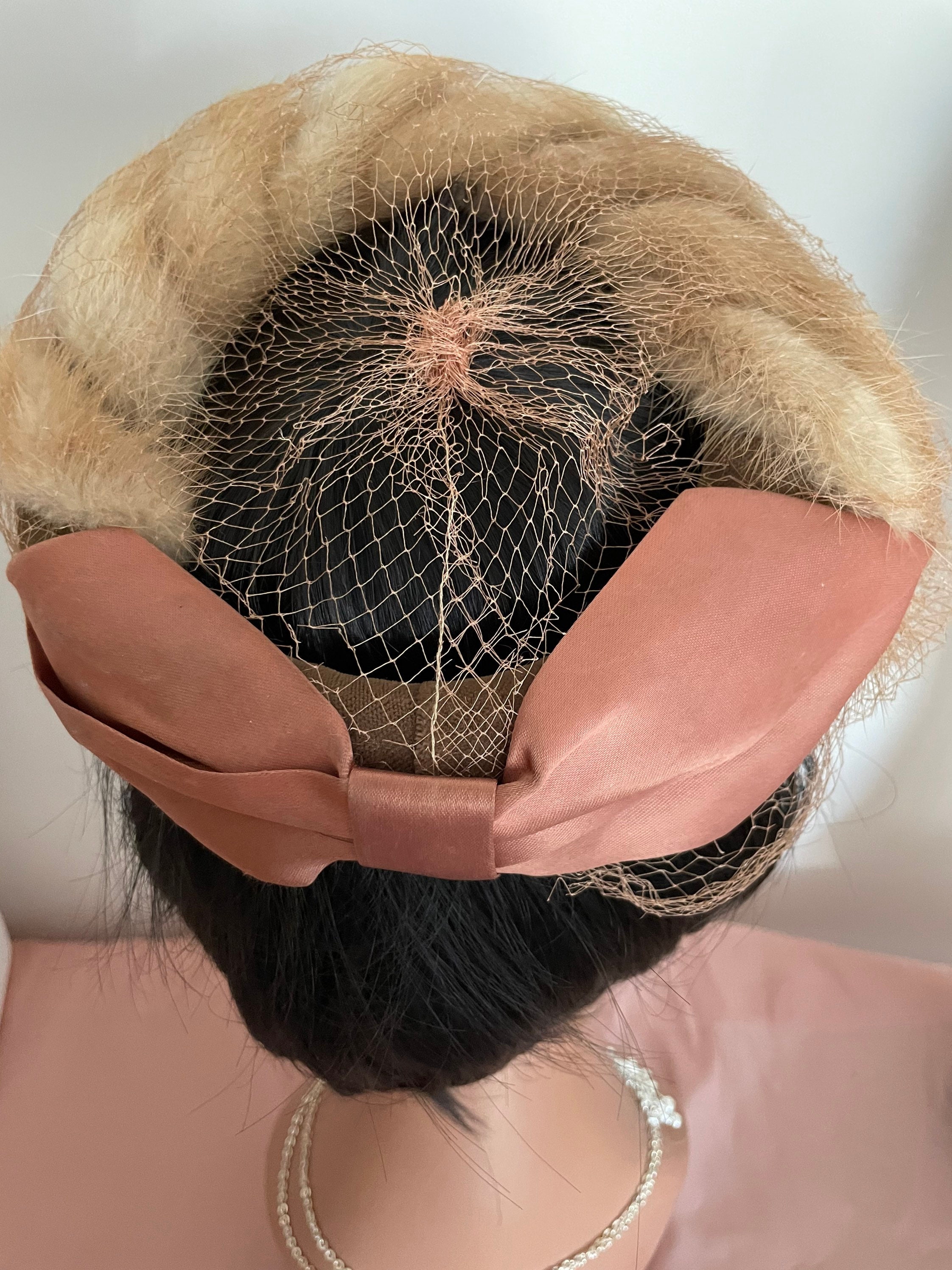 Vintage Pastel Mink with Bow & Veil Fascinator Halo Hat Open Crown Mink Hat With Veil - Etsy main image 4