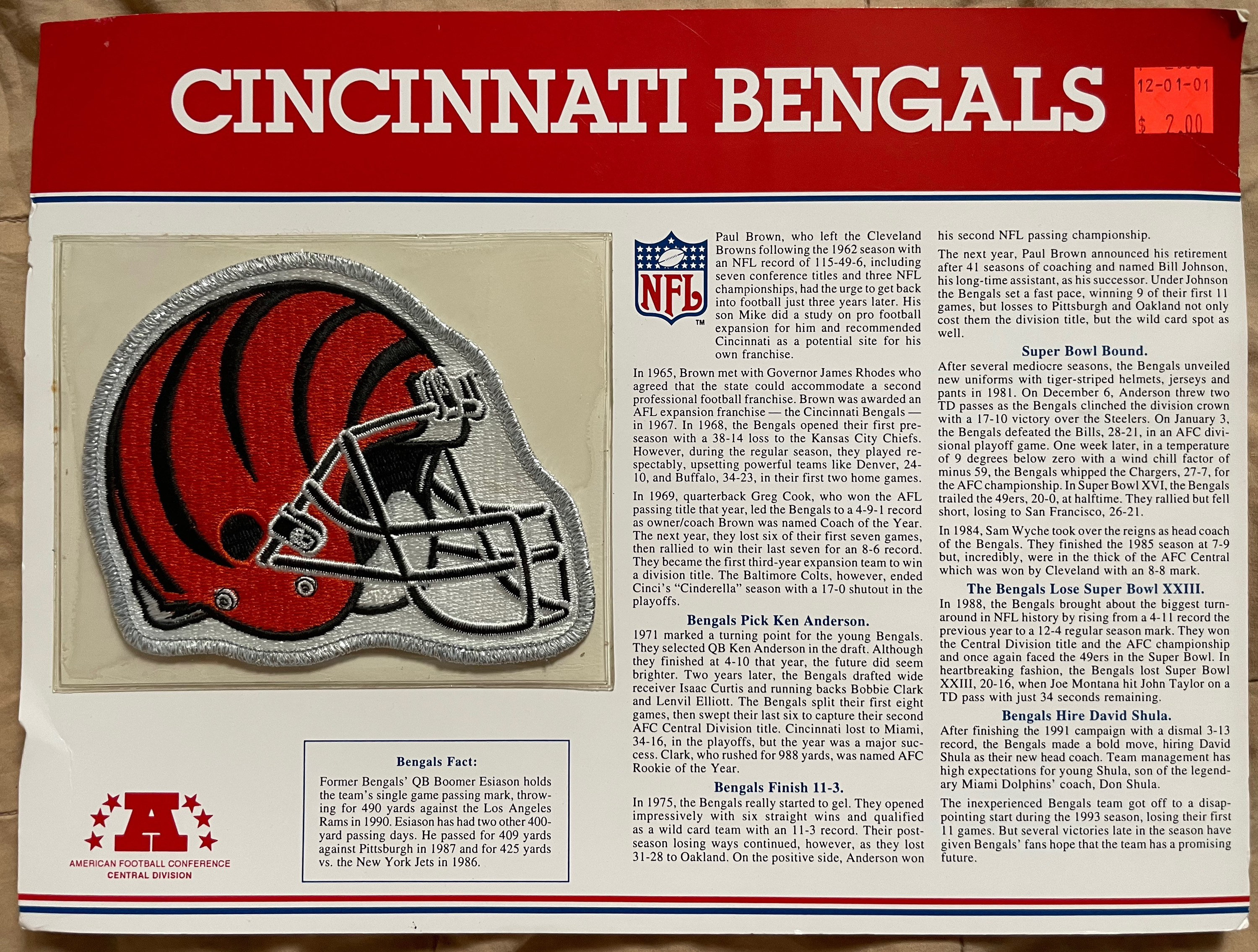 1992 NFL Cincinnati Bengals Large Official Patch New in 
