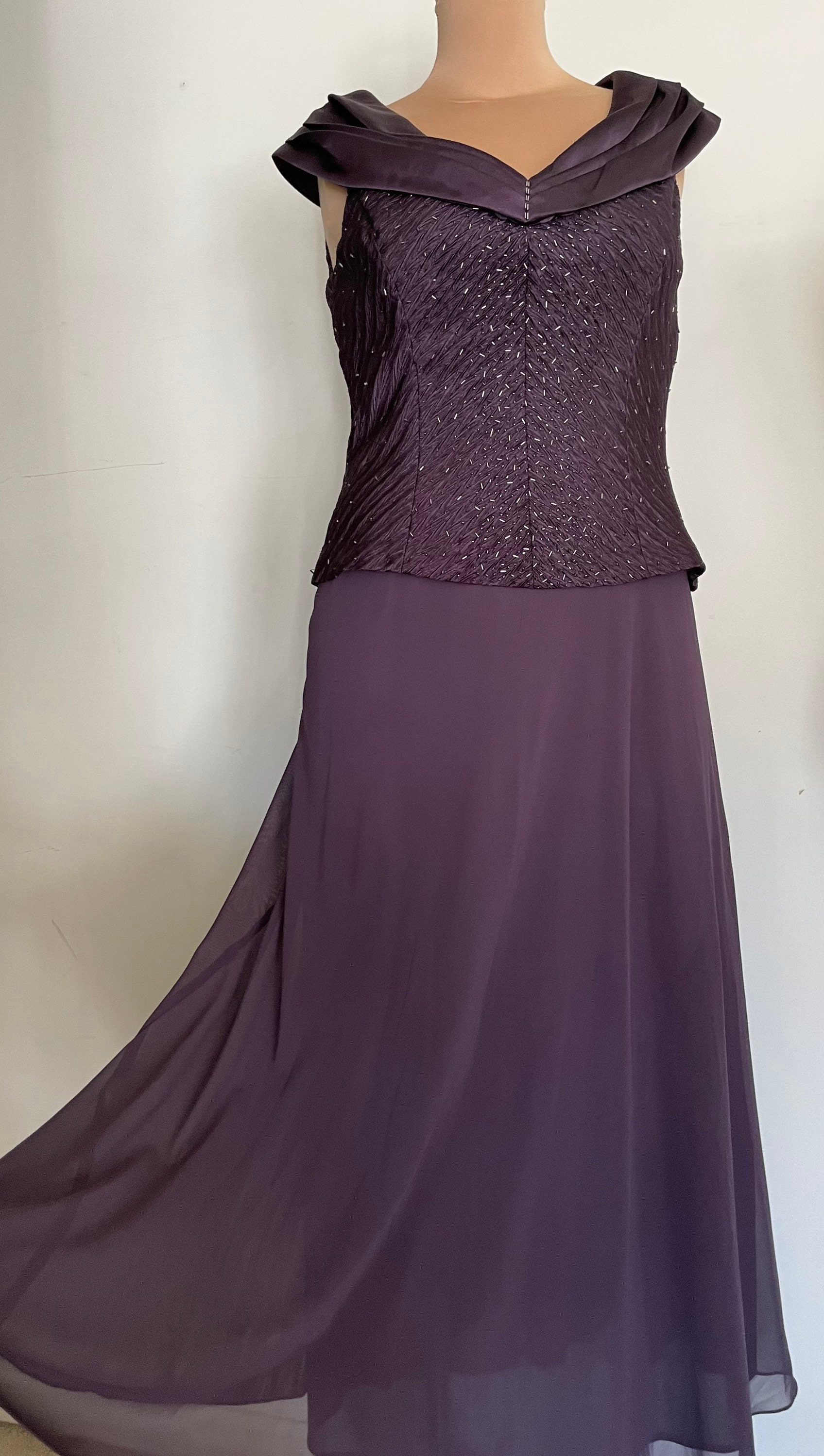 Rich Purple Formal Dress With Bead and Sheer Chiffon Skirt by