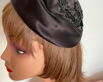 Black Satin Beaded 40s Asymmetrical Satin Cocktail Hat by Hattie CarnegieInc, I Magnim & Co