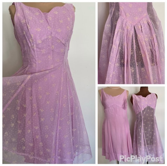 Crisp Flocked Lilac MidCentury Two Piece Dress an… - image 1