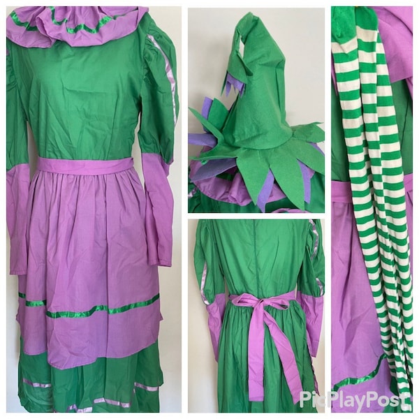 Vintage Complete Cotton Blend Elf Dress with Stockings, Hat and Apron in Green and Lavender Medium Excellent Condition