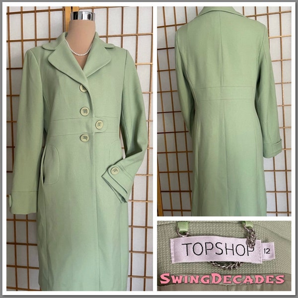 Fantastic Spring Green Midi Coat with Satin Lining Big Buttons and Waffle Weave  Medium Size 12 Excellent Vintage Condition