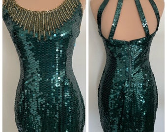 Gold Beaded Top Over Green Sequined Dress with Sundail Style Back, Cleopatra Vibe Size M Excellent Vintage Condition