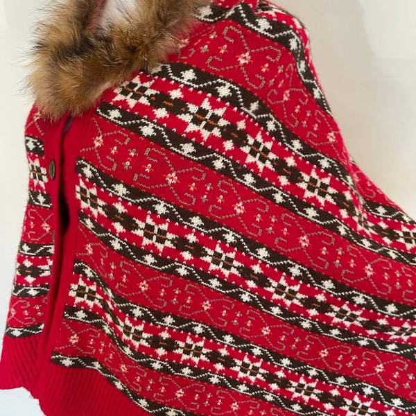 Unique Sweater Poncho with Soft Fur Collar and Metal Buttons in Red, White and Black