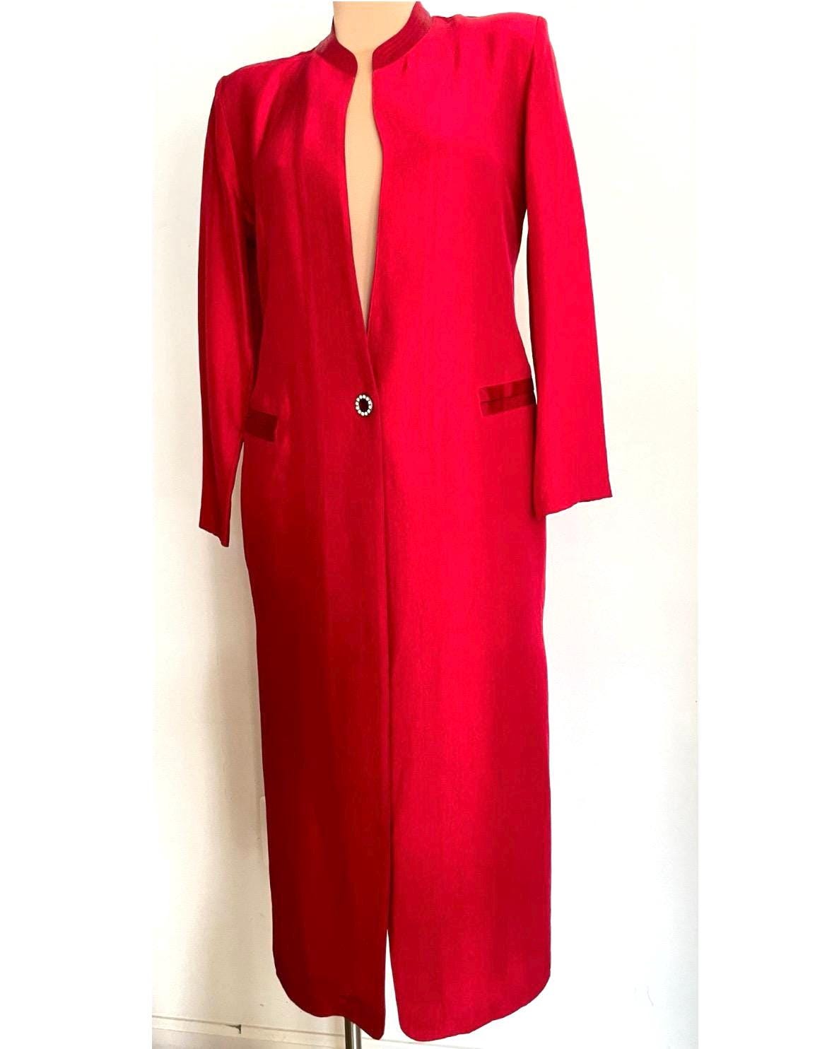 Formal Red Crepe Dress Coat, Mandarin Collar, Satin Trim, Designer