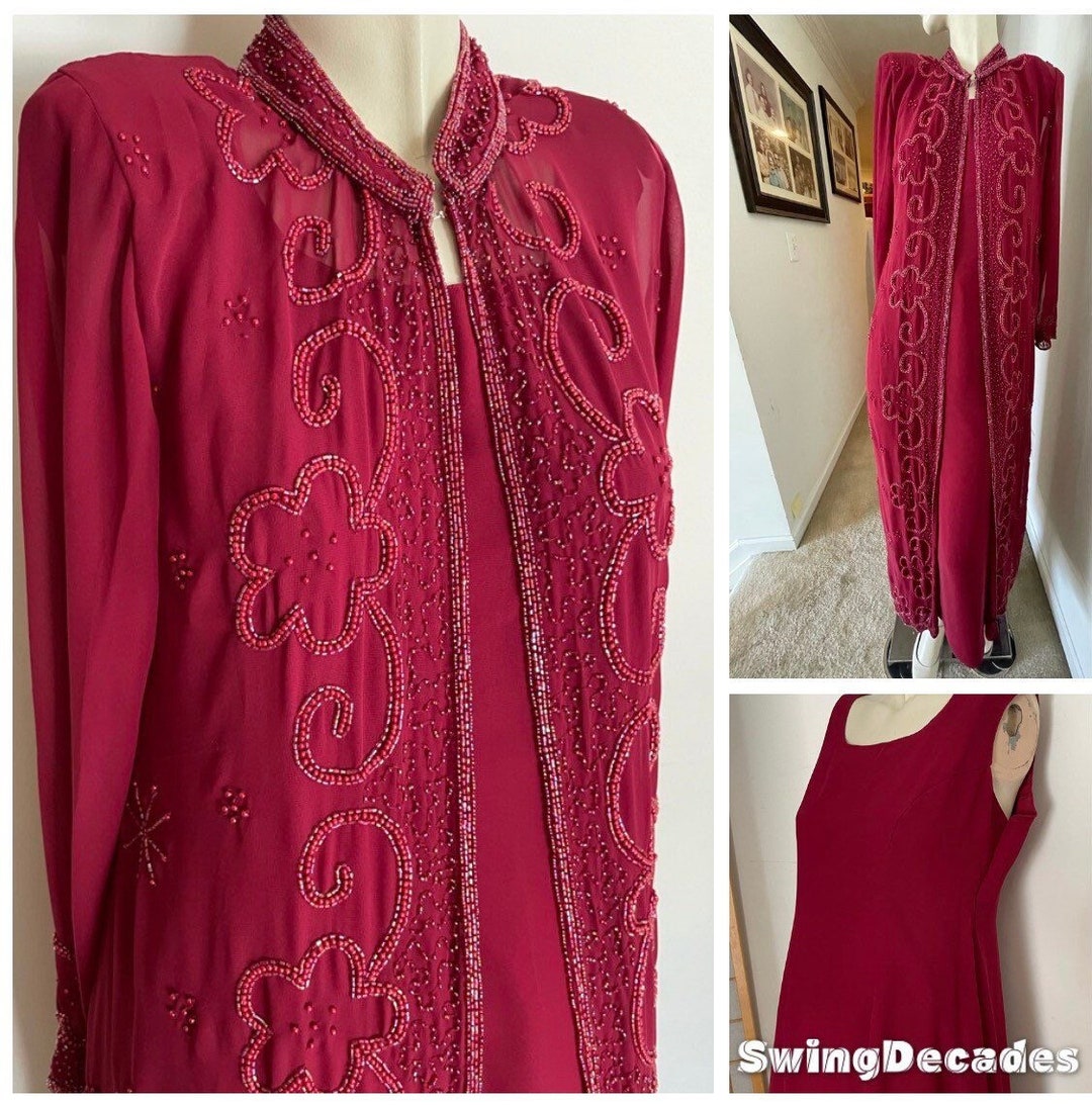Burgundy Long Beaded Dress and Jacket in Excellent Vintage Etsy