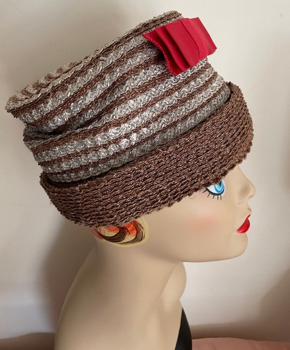 Mid Century Brown Gray Straw Cocktail Hat with Re… - image 3
