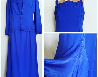 Stunning Bright Blue Formal Dress Suit with Beaded Trim and Trailing Kick Pleat  Made Rare Large Size 16+ in Excellent Vintage Condition