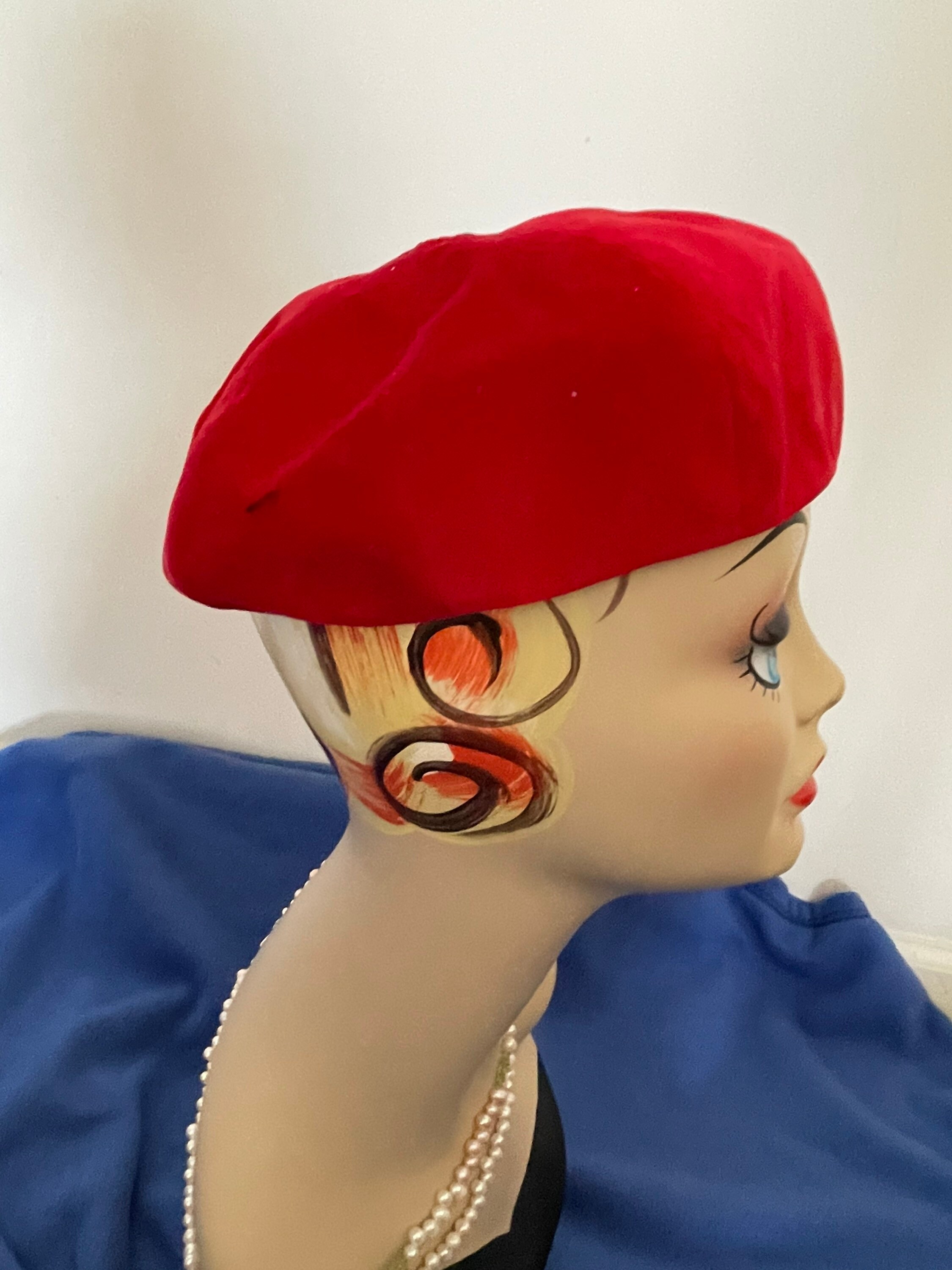 Stylish Midcentury Red Velvet Beret, Tam or Beanie Cocktail Hat in