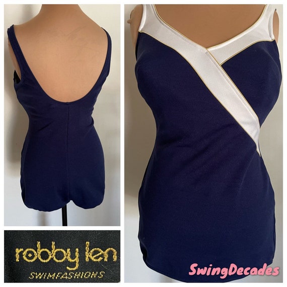 Vintage Robby Len Sexy One Piece Swimsuit in Navy… - image 1