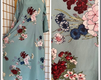 Robin Blue Floral Maxi Dress/Kaftan Vintage with Cherry Blossoms and Spring Flowers Hand Made Plus Size Large