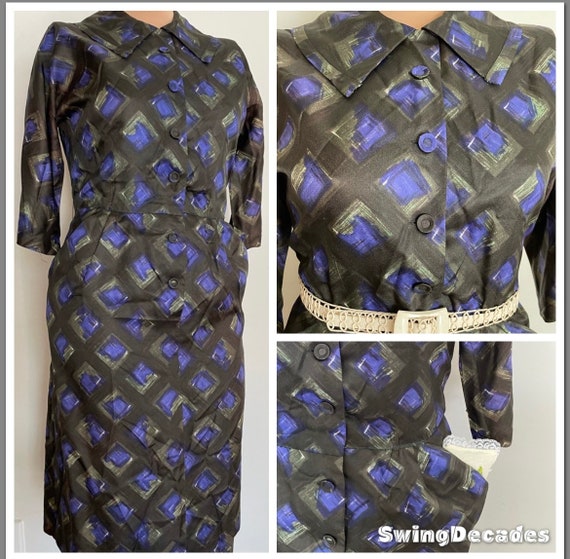 60s Handmade Satin Geo Print Dress with Pencil Sk… - image 1