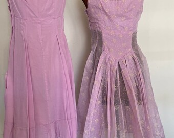 Crisp Flocked Lilac MidCentury Two Piece Dress and Lining Slip Handmade in Cotton Blend with Metal Zipper