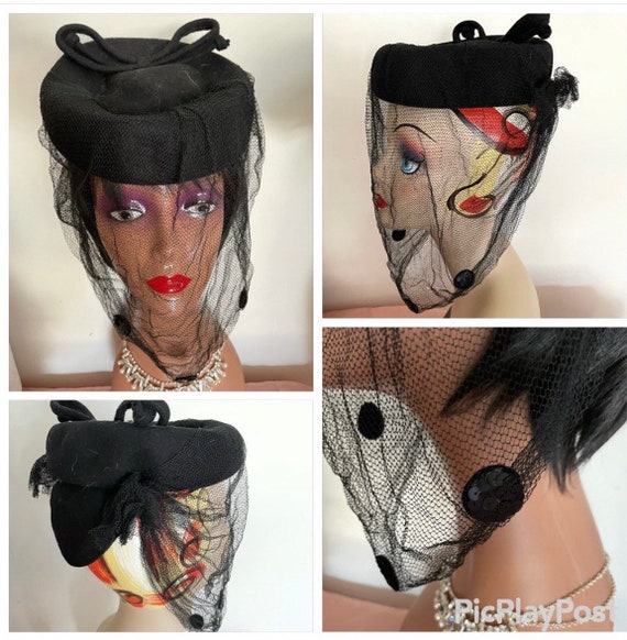 Cocktail Hat Black Wool With Netting in Front for Face, Black Feathers on Top Womens Black Wool Felt Floral Veil Netting Feather Wide Brim  main image 2