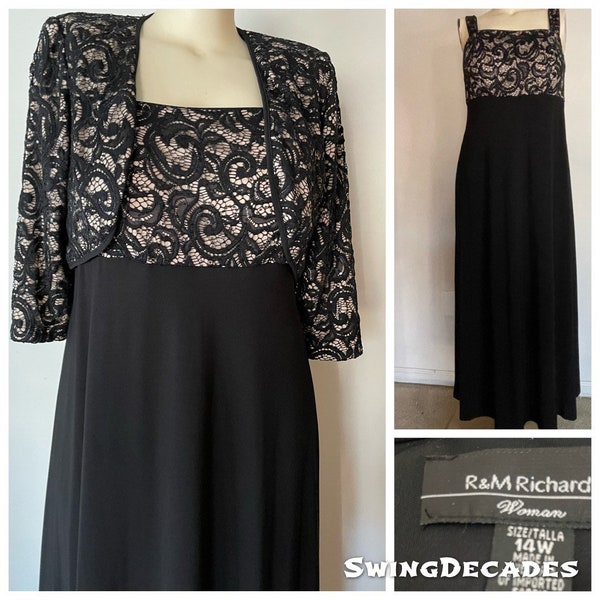New Black Formal Dress with Lace Top and Jacket by R&M Richards Large Plus Size 14W Never Worn Excellent Vintage Condition NWT