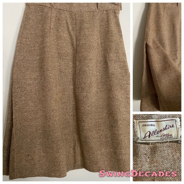 Original Allenshire Tweed Wool Skirt in Beige with Kick Pleats and Specks of Color in Small Size Excellent Condition