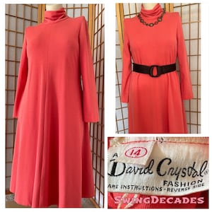 Iconic 70s Sweeping Orange Maxi Dress with Long Sleeves and High Neck Prefect to Add Vintage Accessories By Designer David Crystal