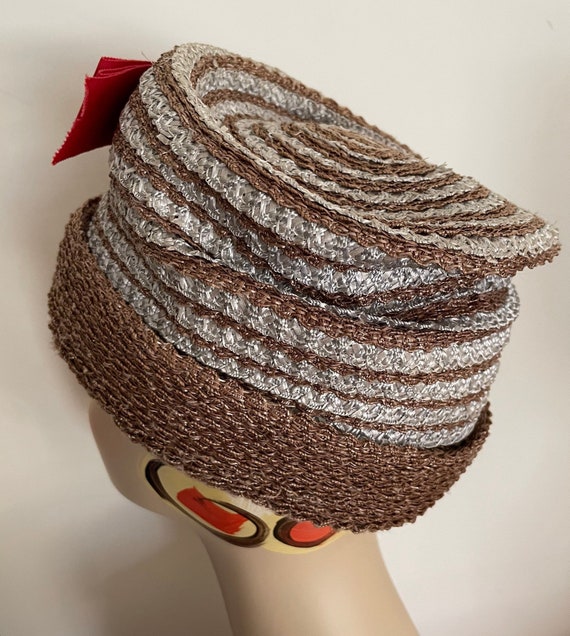 Mid Century Brown Gray Straw Cocktail Hat with Re… - image 5