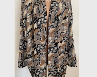 Amazing 80s Emily Adams Jacket with Abstract Pattern in Beige, Black & White with Pockets and Single Button Closure Large Plus Size 2X
