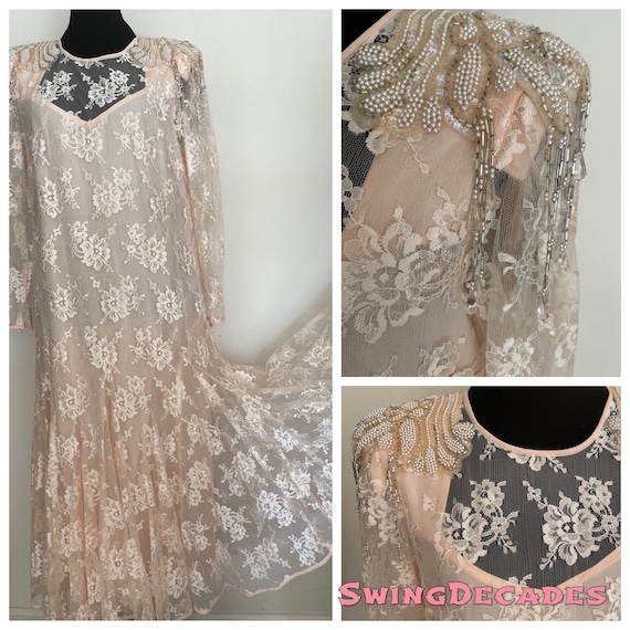 Amazing 80s Pink Beaded Lace Flapper Style Gown w… - image 1